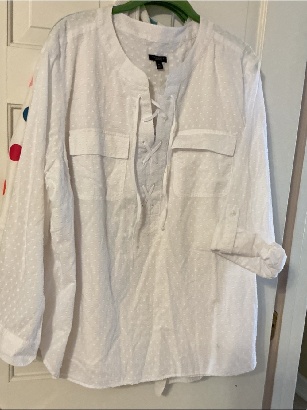 Talbots White Swiss Dot Lace-Up Front Long Sleeve Blouse